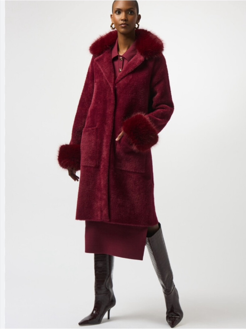 NWT Joseph Ribkoff Feather Yarn Faux Fur Coat Merlot Medium Style 243923